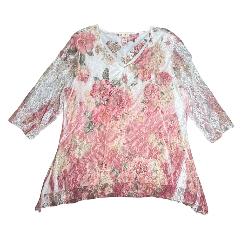 Brittany Black Top 3X Pink Floral Lace Rhinestone Fairycore Whimsigoth Boho Chic